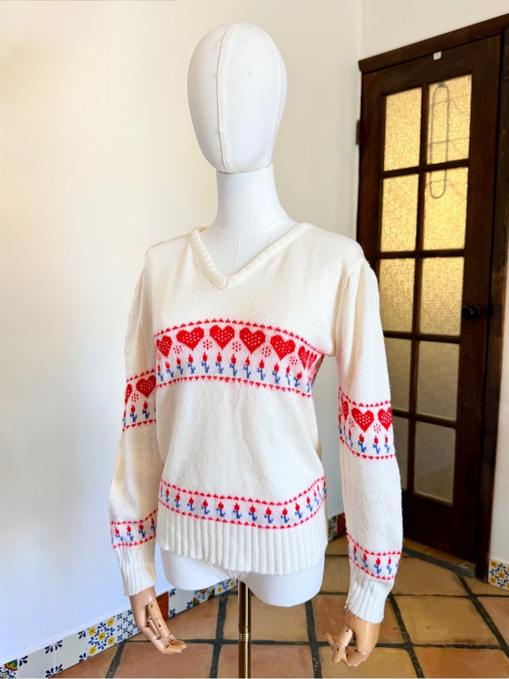 Vintage 70s Heart Ribbed Knit V-Neck Ivory Pullover Sweater M Women’s